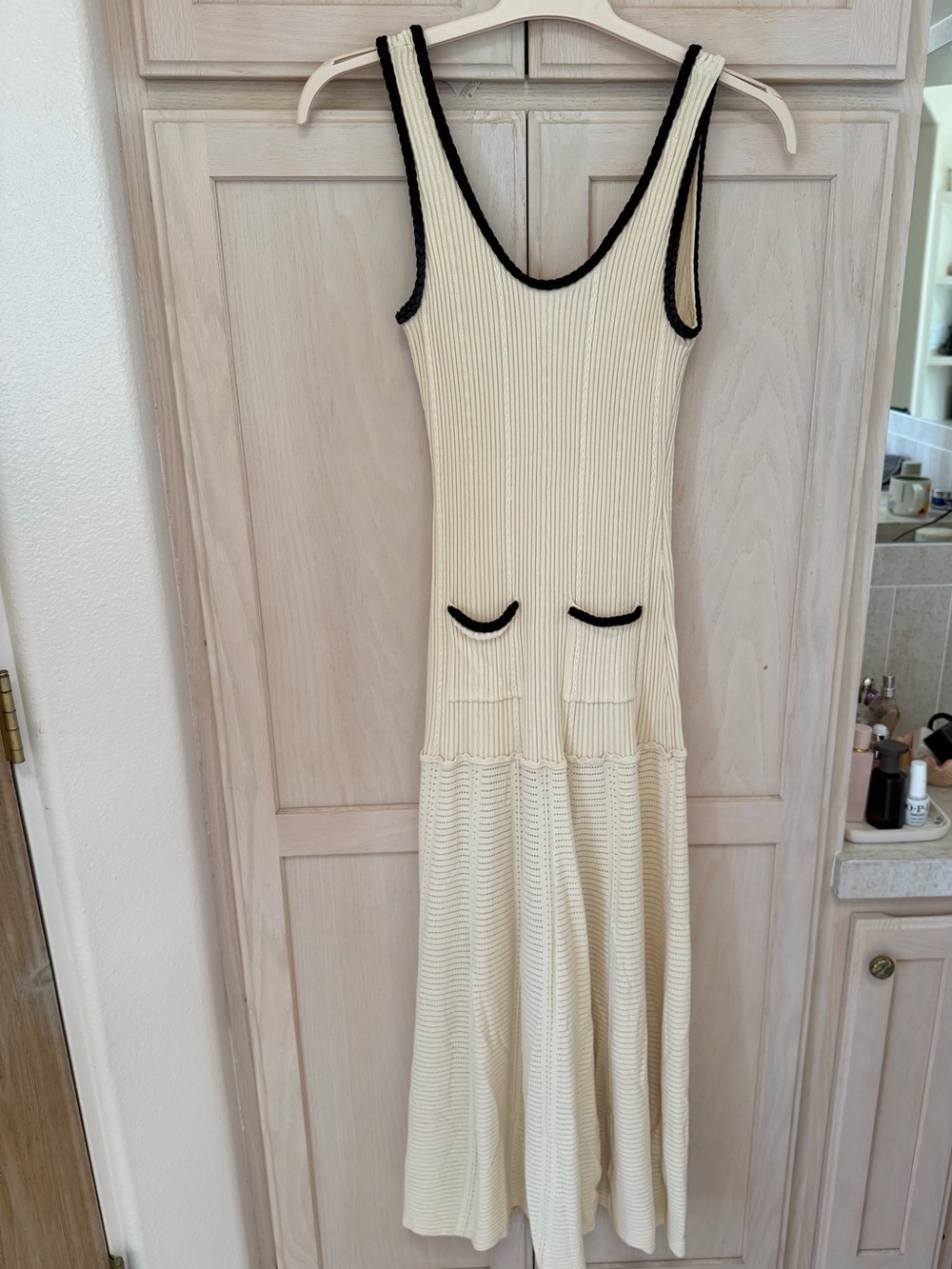 Sandro Cream Maxi Knit Dress with Black Trim